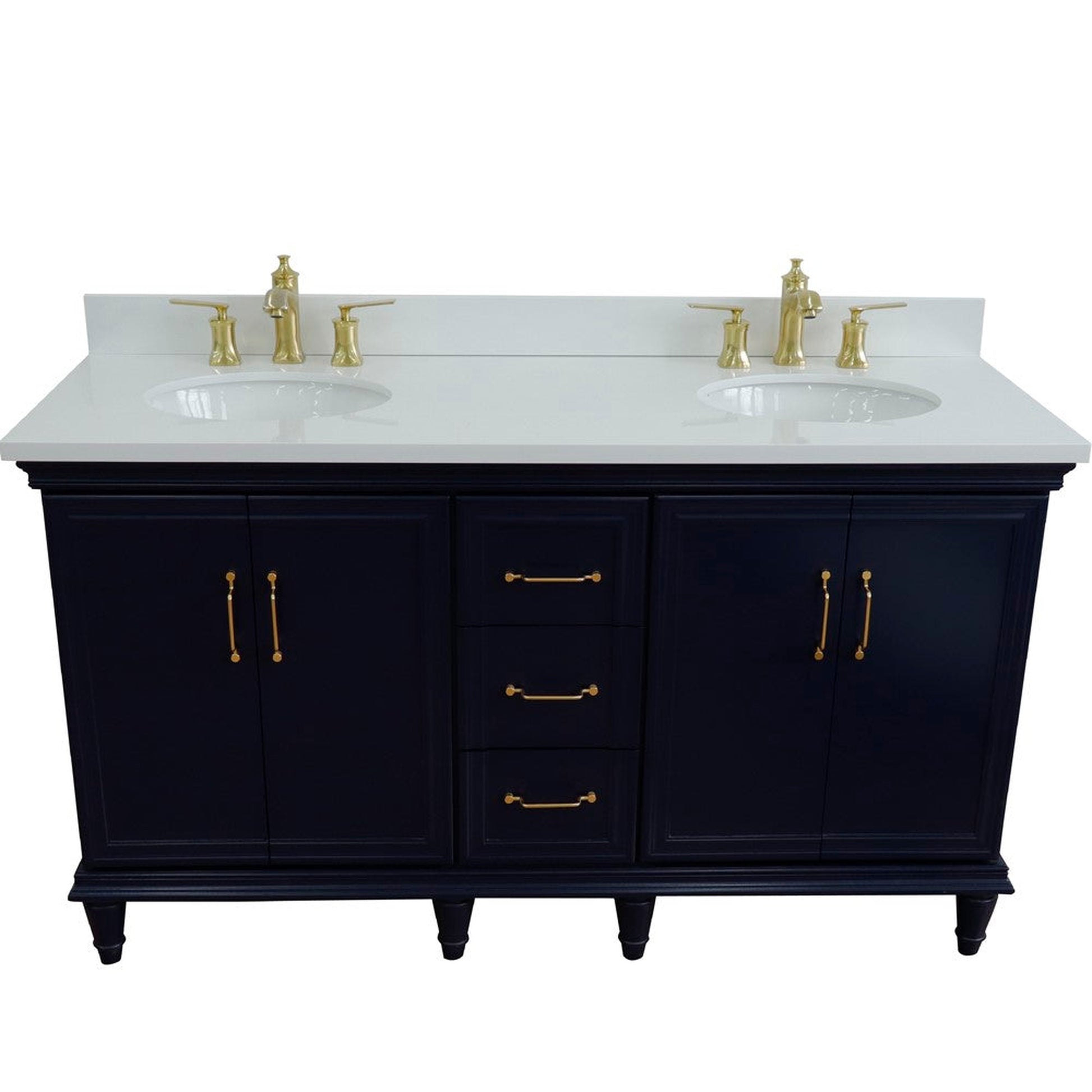 Bellaterra Home Forli 61" 4-Door 3-Drawer Blue Freestanding Vanity Set With Ceramic Double Undermount Oval Sink and White Quartz Top