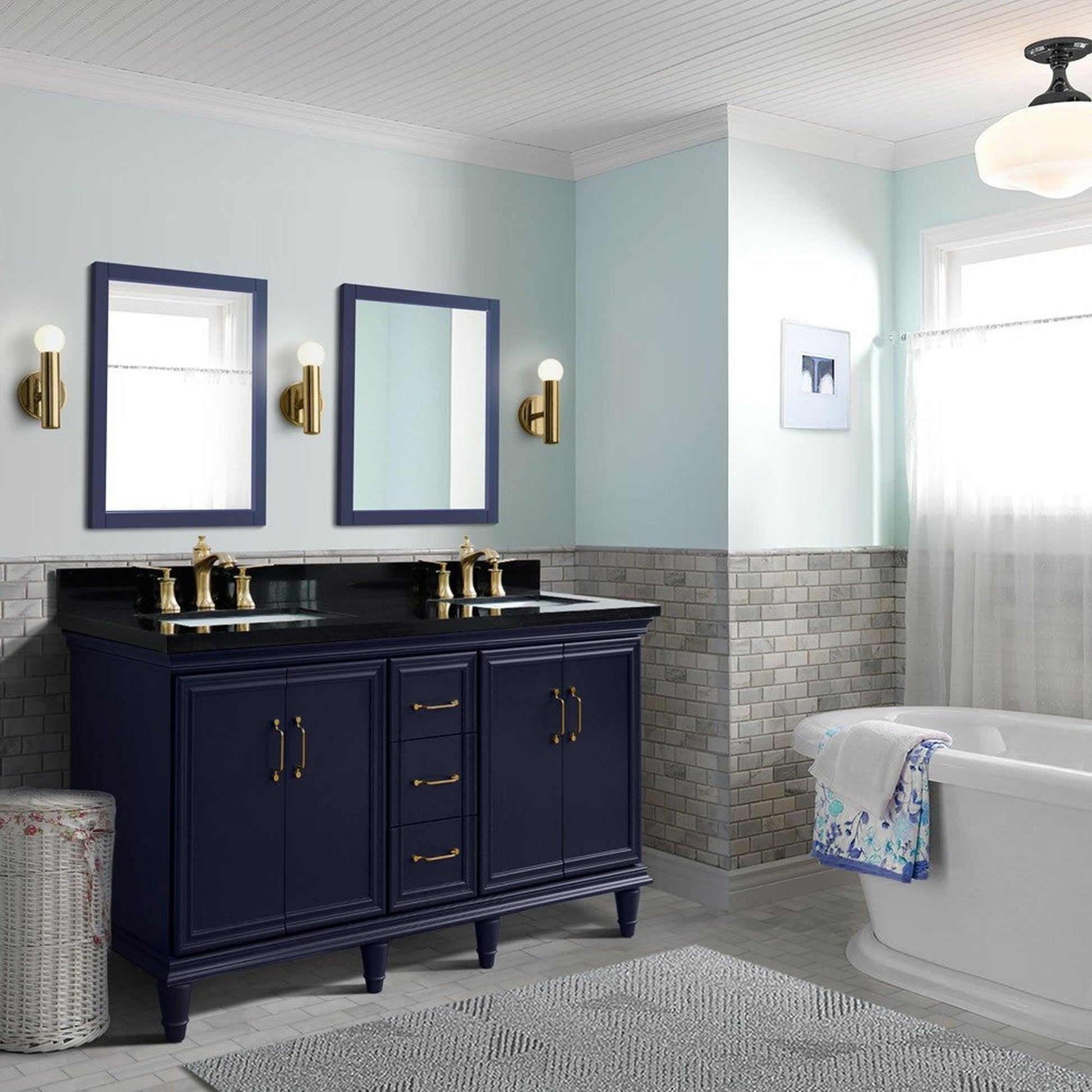 Bellaterra Home Forli 61" 4-Door 3-Drawer Blue Freestanding Vanity Set With Ceramic Double Undermount Rectangular Sink and Black Galaxy Granite Top