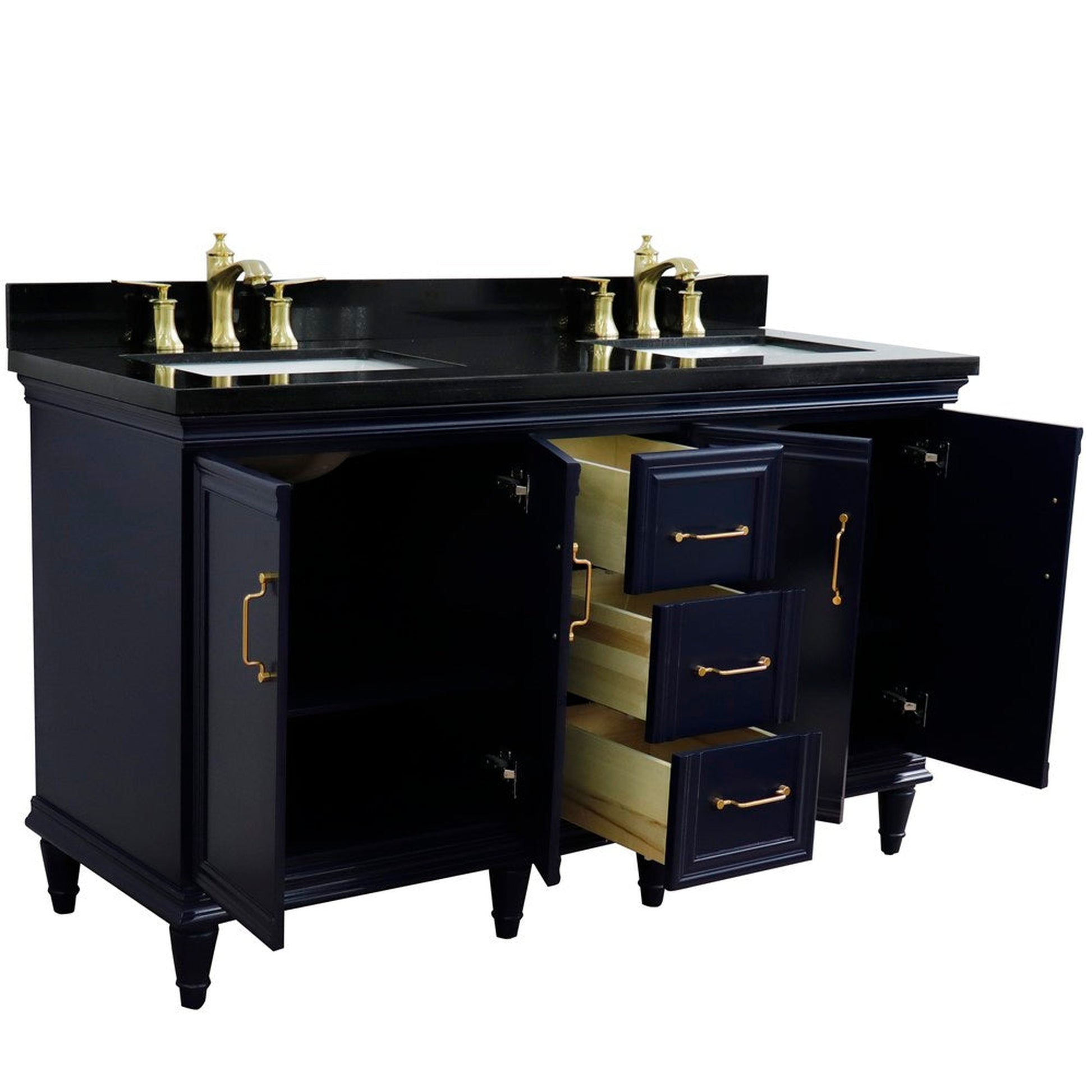 Bellaterra Home Forli 61" 4-Door 3-Drawer Blue Freestanding Vanity Set With Ceramic Double Undermount Rectangular Sink and Black Galaxy Granite Top