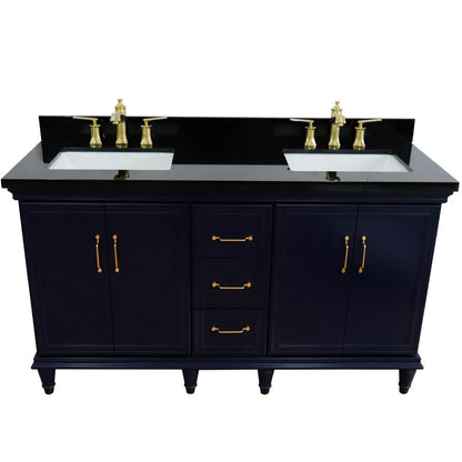 Bellaterra Home Forli 61" 4-Door 3-Drawer Blue Freestanding Vanity Set With Ceramic Double Undermount Rectangular Sink and Black Galaxy Granite Top