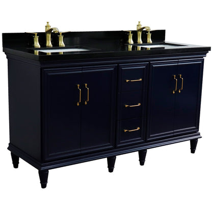 Bellaterra Home Forli 61" 4-Door 3-Drawer Blue Freestanding Vanity Set With Ceramic Double Undermount Rectangular Sink and Black Galaxy Granite Top