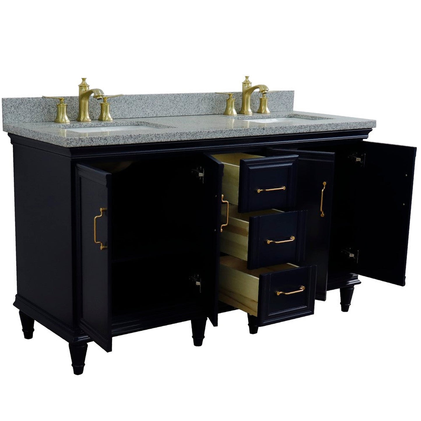Bellaterra Home Forli 61" 4-Door 3-Drawer Blue Freestanding Vanity Set With Ceramic Double Undermount Rectangular Sink and Gray Granite Top