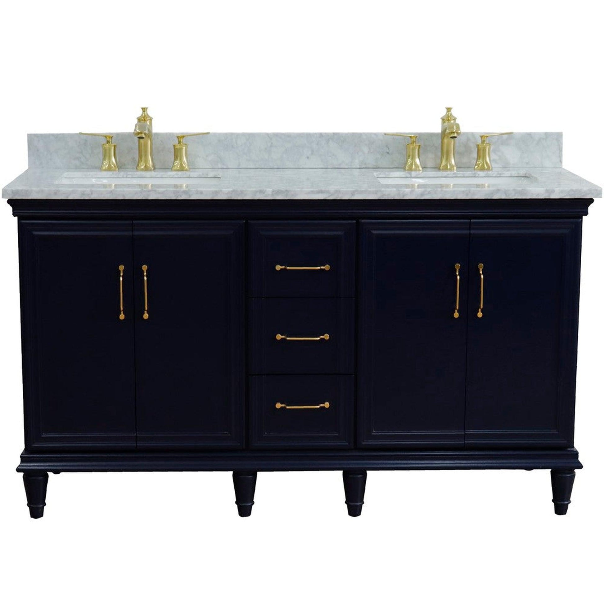 Bellaterra Home Forli 61" 4-Door 3-Drawer Blue Freestanding Vanity Set With Ceramic Double Undermount Rectangular Sink and White Carrara Marble Top