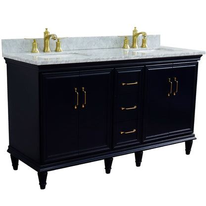 Bellaterra Home Forli 61" 4-Door 3-Drawer Blue Freestanding Vanity Set With Ceramic Double Undermount Rectangular Sink and White Carrara Marble Top