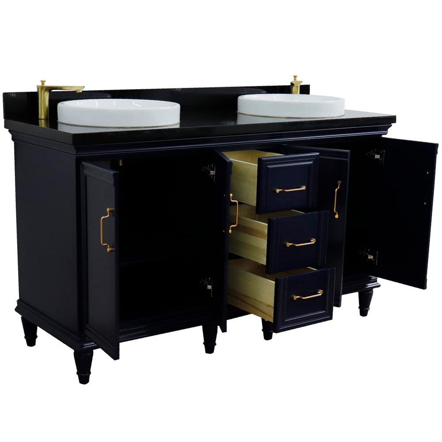 Bellaterra Home Forli 61" 4-Door 3-Drawer Blue Freestanding Vanity Set With Ceramic Double Vessel Sink and Black Galaxy Granite Top