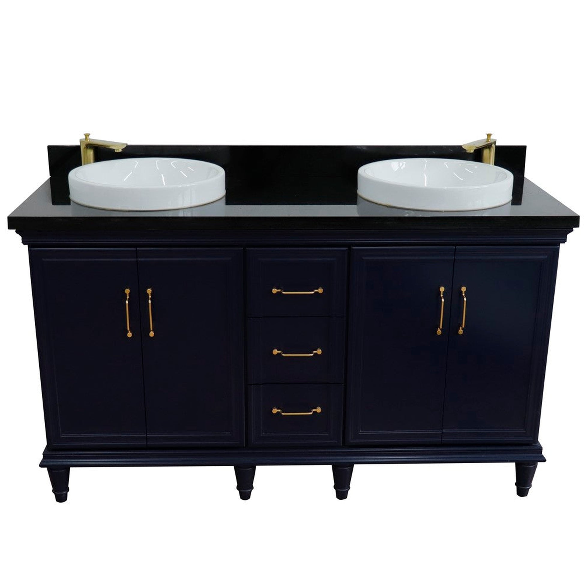 Bellaterra Home Forli 61" 4-Door 3-Drawer Blue Freestanding Vanity Set With Ceramic Double Vessel Sink and Black Galaxy Granite Top