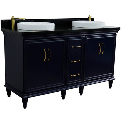 Bellaterra Home Forli 61" 4-Door 3-Drawer Blue Freestanding Vanity Set With Ceramic Double Vessel Sink and Black Galaxy Granite Top