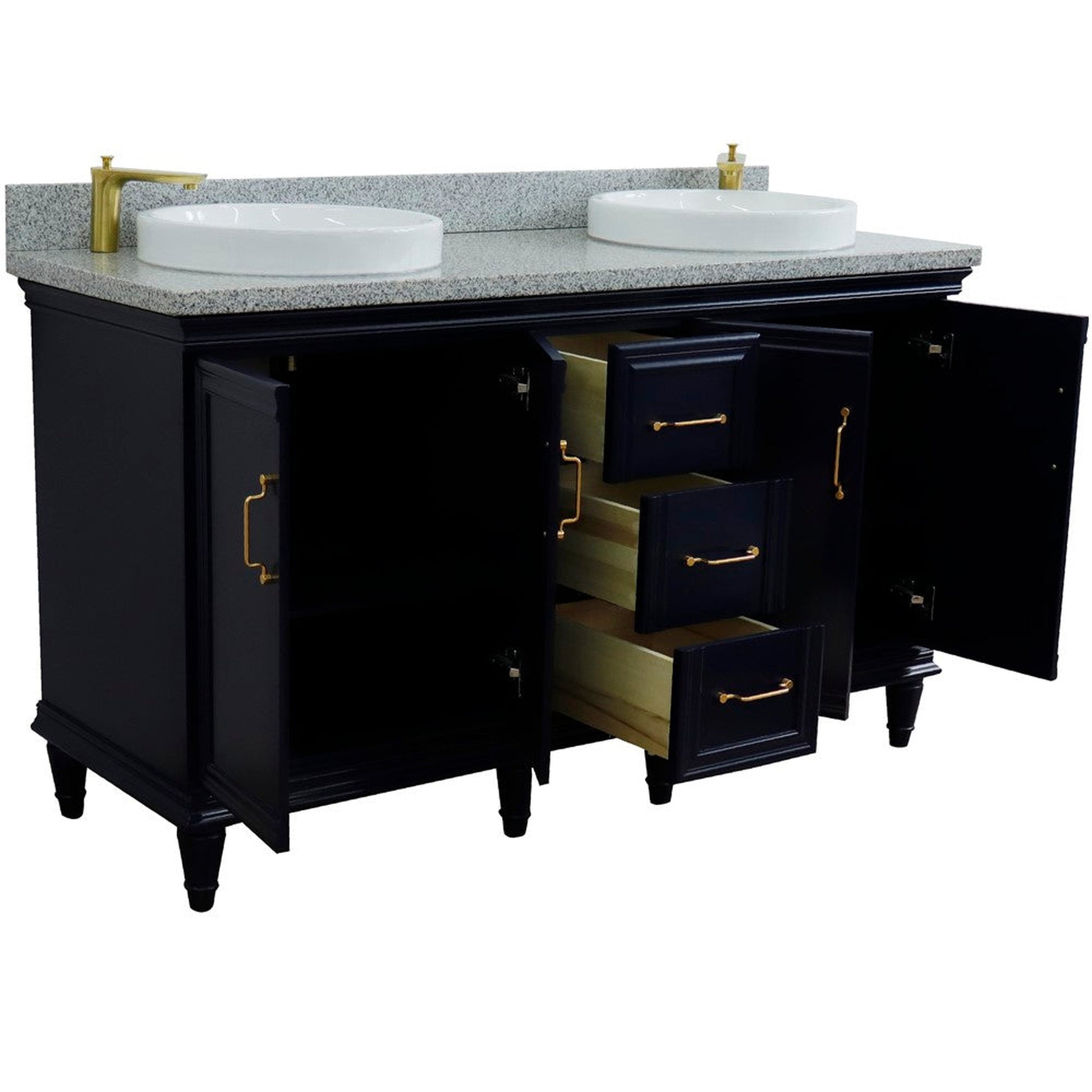 Bellaterra Home Forli 61" 4-Door 3-Drawer Blue Freestanding Vanity Set With Ceramic Double Vessel Sink and Gray Granite Top