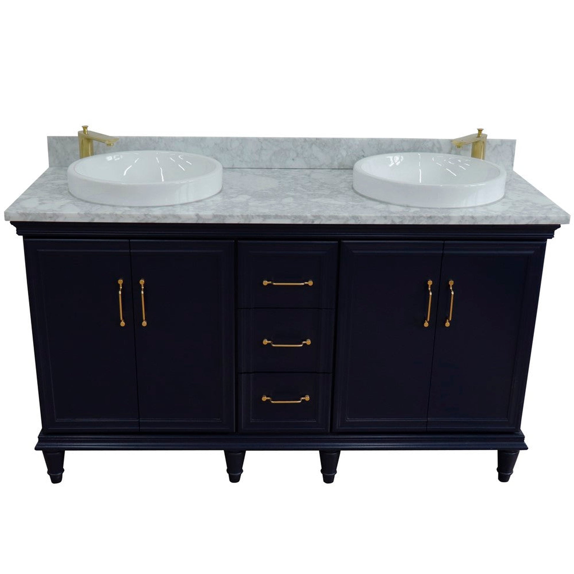 Bellaterra Home Forli 61" 4-Door 3-Drawer Blue Freestanding Vanity Set With Ceramic Double Vessel Sink and White Carrara Marble Top