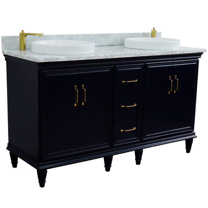 Bellaterra Home Forli 61" 4-Door 3-Drawer Blue Freestanding Vanity Set With Ceramic Double Vessel Sink and White Carrara Marble Top