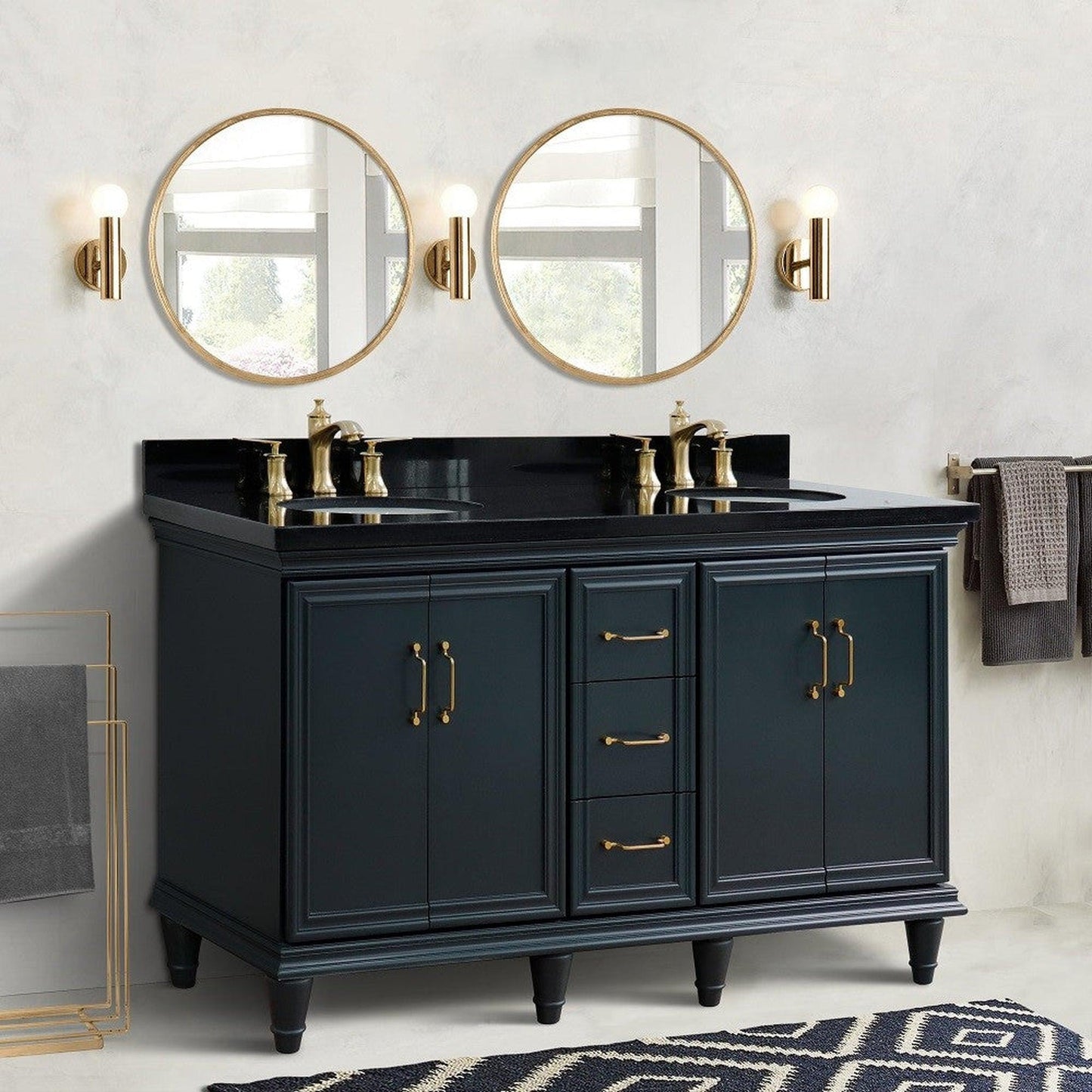 Bellaterra Home Forli 61" 4-Door 3-Drawer Dark Gray Freestanding Vanity Set With Ceramic Double Undermount Oval Sink and Black Galaxy Granite Top