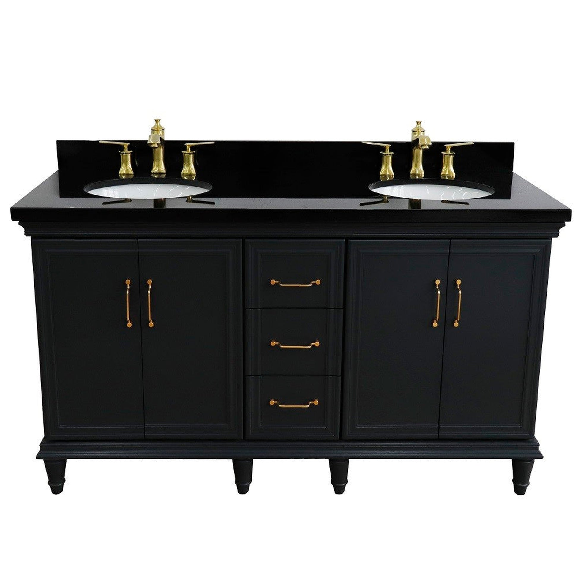 Bellaterra Home Forli 61" 4-Door 3-Drawer Dark Gray Freestanding Vanity Set With Ceramic Double Undermount Oval Sink and Black Galaxy Granite Top