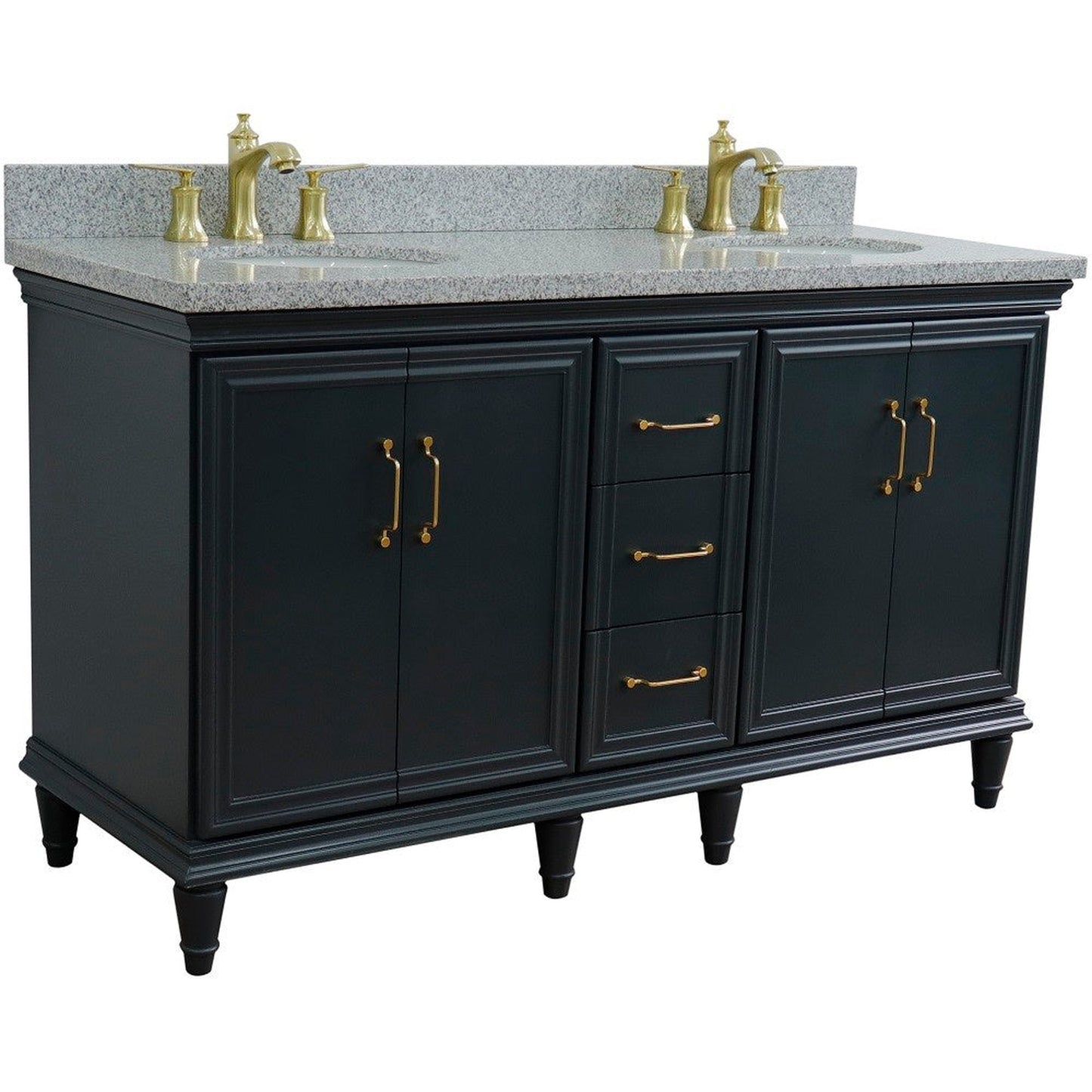 Bellaterra Home Forli 61" 4-Door 3-Drawer Dark Gray Freestanding Vanity Set With Ceramic Double Undermount Oval Sink and Gray Granite Top