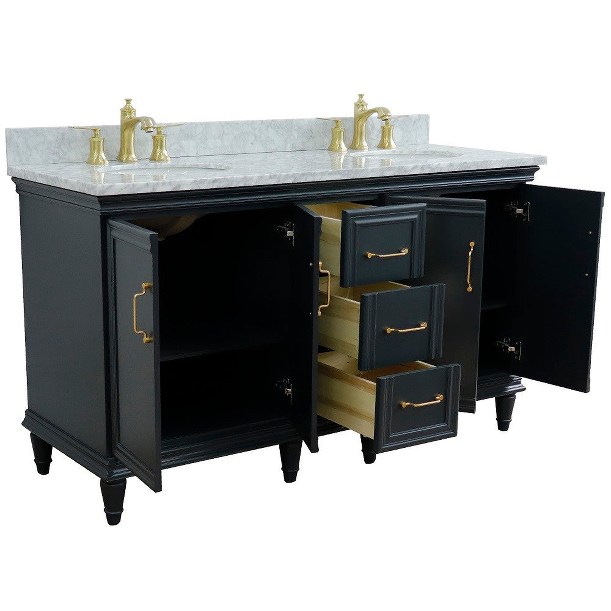 Bellaterra Home Forli 61" 4-Door 3-Drawer Dark Gray Freestanding Vanity Set With Ceramic Double Undermount Oval Sink and White Carrara Marble Top