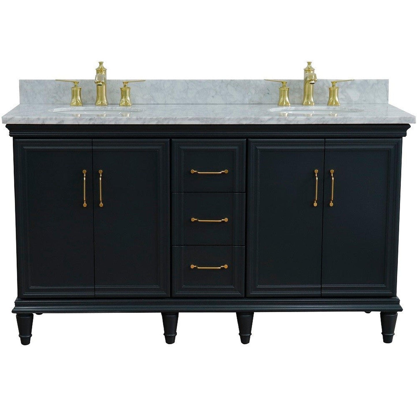 Bellaterra Home Forli 61" 4-Door 3-Drawer Dark Gray Freestanding Vanity Set With Ceramic Double Undermount Oval Sink and White Carrara Marble Top