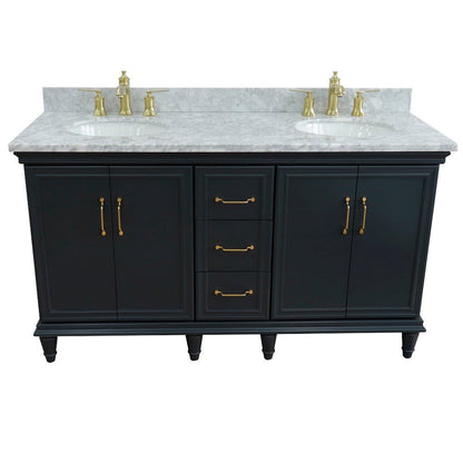 Bellaterra Home Forli 61" 4-Door 3-Drawer Dark Gray Freestanding Vanity Set With Ceramic Double Undermount Oval Sink and White Carrara Marble Top