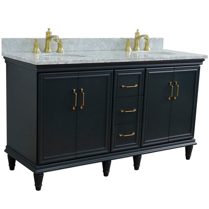 Bellaterra Home Forli 61" 4-Door 3-Drawer Dark Gray Freestanding Vanity Set With Ceramic Double Undermount Oval Sink and White Carrara Marble Top