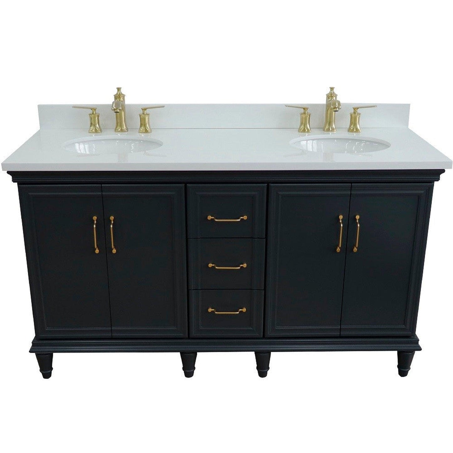 Bellaterra Home Forli 61" 4-Door 3-Drawer Dark Gray Freestanding Vanity Set With Ceramic Double Undermount Oval Sink and White Quartz Top