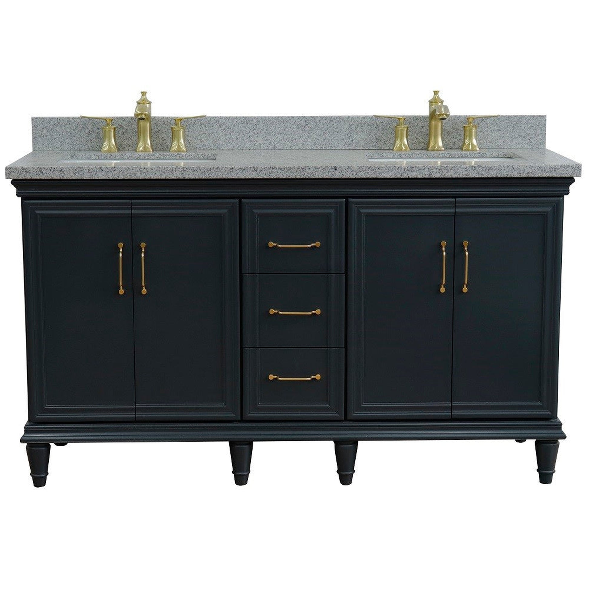 Bellaterra Home Forli 61" 4-Door 3-Drawer Dark Gray Freestanding Vanity Set With Ceramic Double Undermount Rectangular Sink and Gray Granite Top