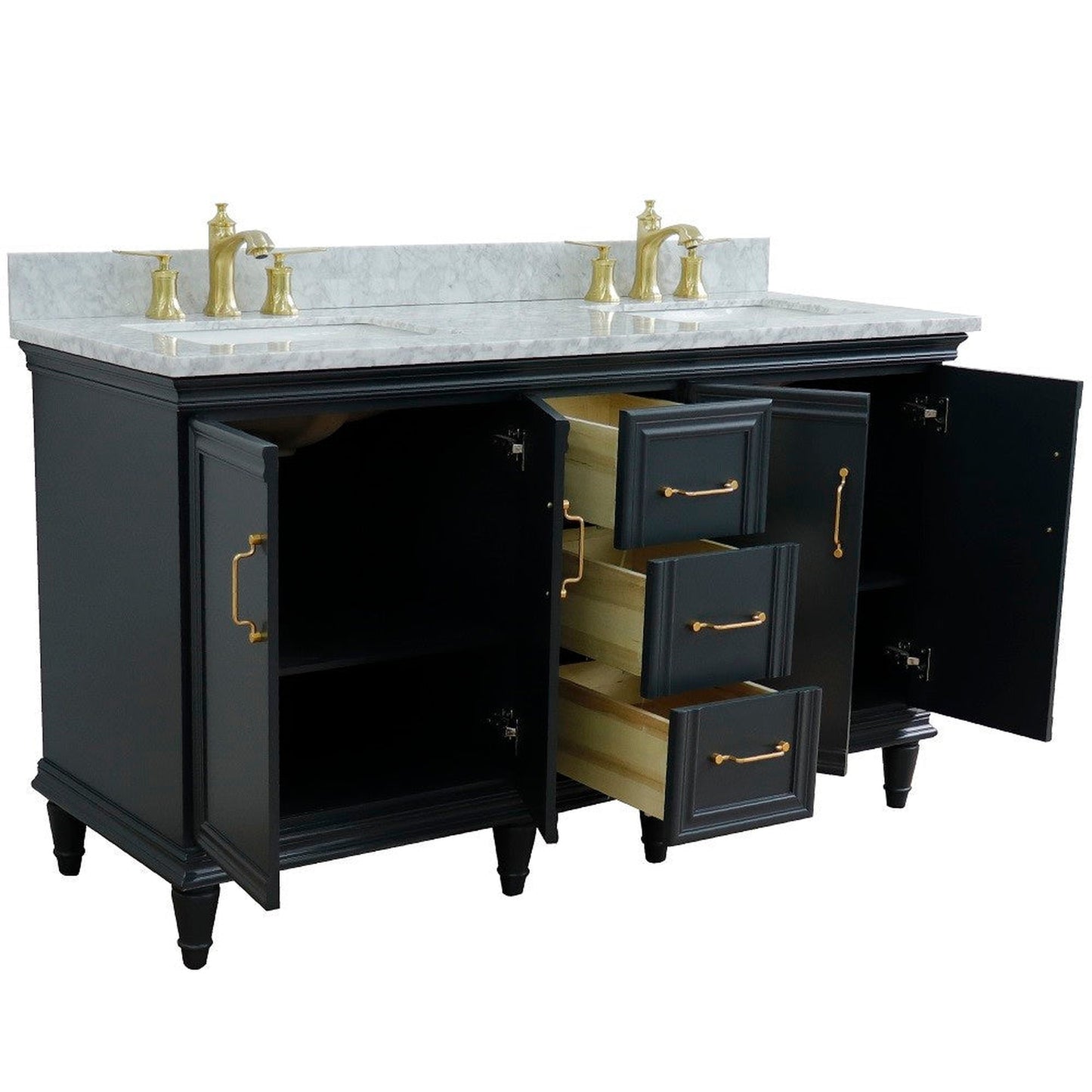 Bellaterra Home Forli 61" 4-Door 3-Drawer Dark Gray Freestanding Vanity Set With Ceramic Double Undermount Rectangular Sink and White Carrara Marble Top