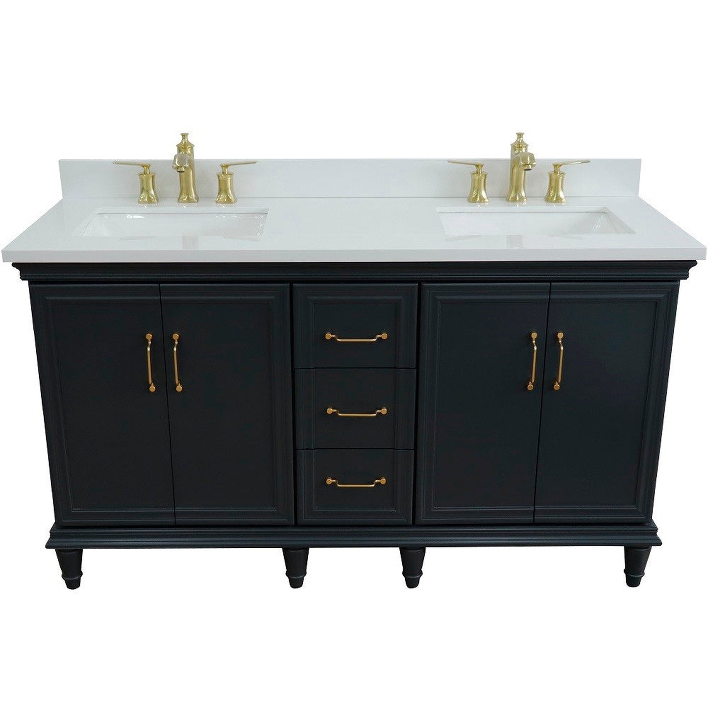 Bellaterra Home Forli 61" 4-Door 3-Drawer Dark Gray Freestanding Vanity Set With Ceramic Double Undermount Rectangular Sink and White Quartz Top