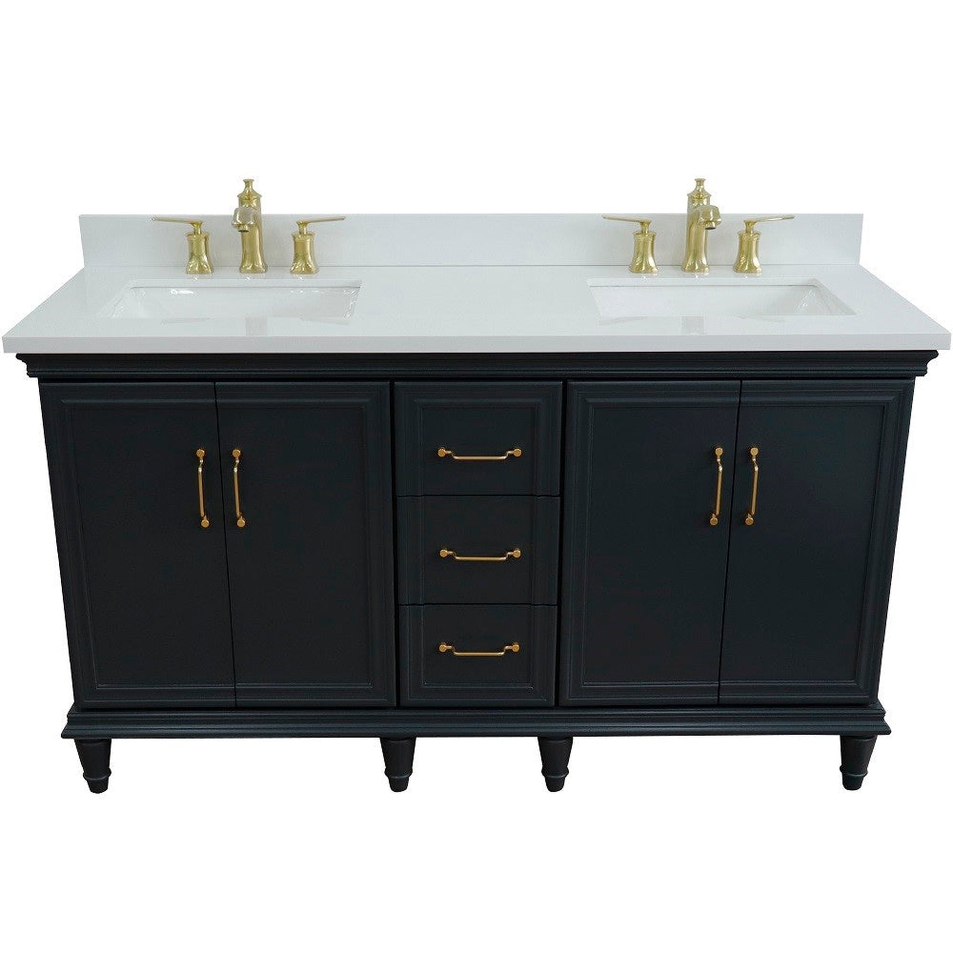 Bellaterra Home Forli 61" 4-Door 3-Drawer Dark Gray Freestanding Vanity Set With Ceramic Double Undermount Rectangular Sink and White Quartz Top