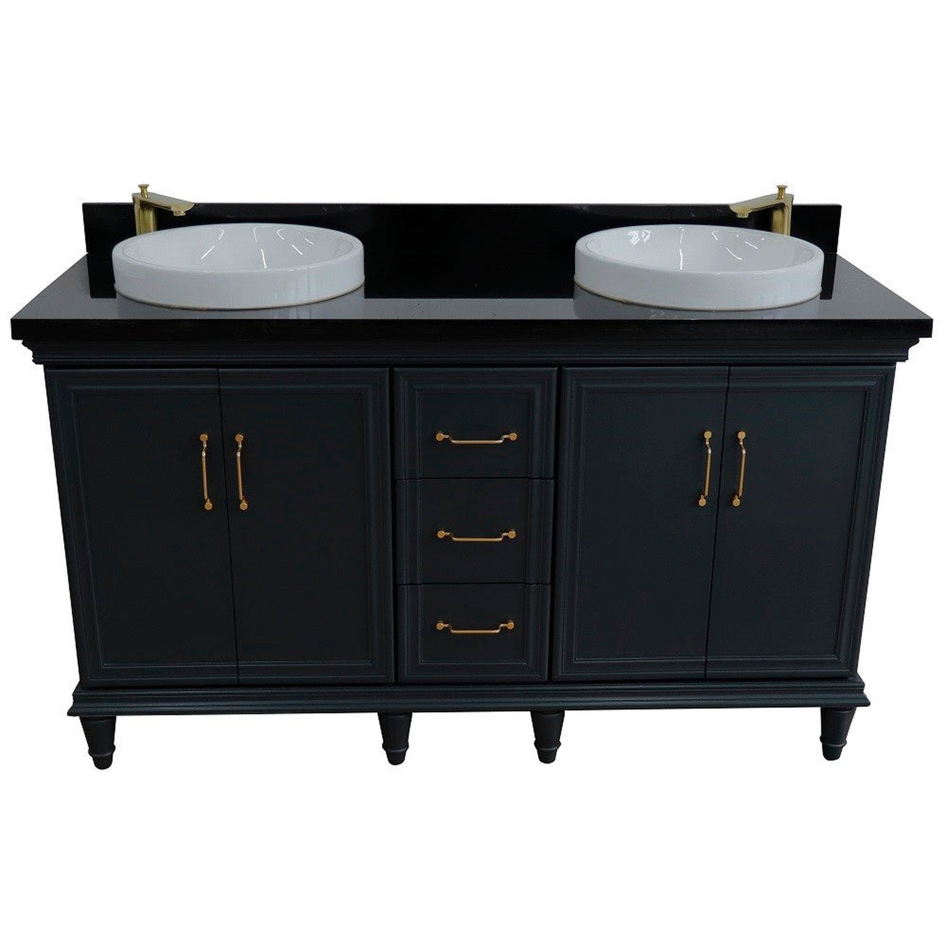 Bellaterra Home Forli 61" 4-Door 3-Drawer Dark Gray Freestanding Vanity Set With Ceramic Double Vessel Sink and Black Galaxy Granite Top