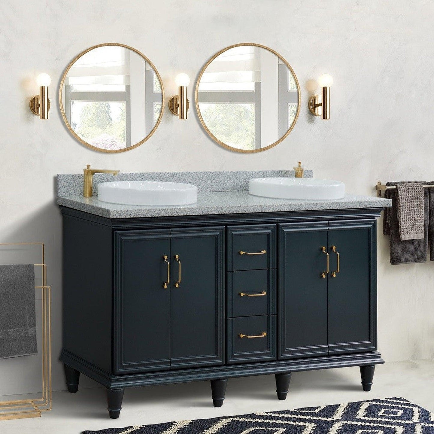 Bellaterra Home Forli 61" 4-Door 3-Drawer Dark Gray Freestanding Vanity Set With Ceramic Double Vessel Sink and Gray Granite Top