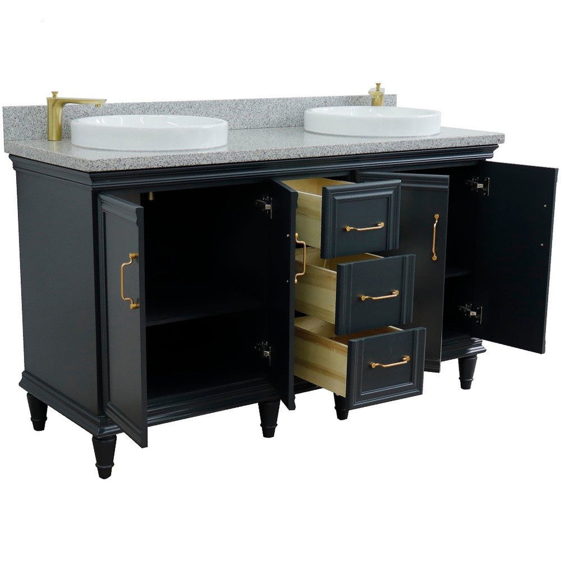 Bellaterra Home Forli 61" 4-Door 3-Drawer Dark Gray Freestanding Vanity Set With Ceramic Double Vessel Sink and Gray Granite Top