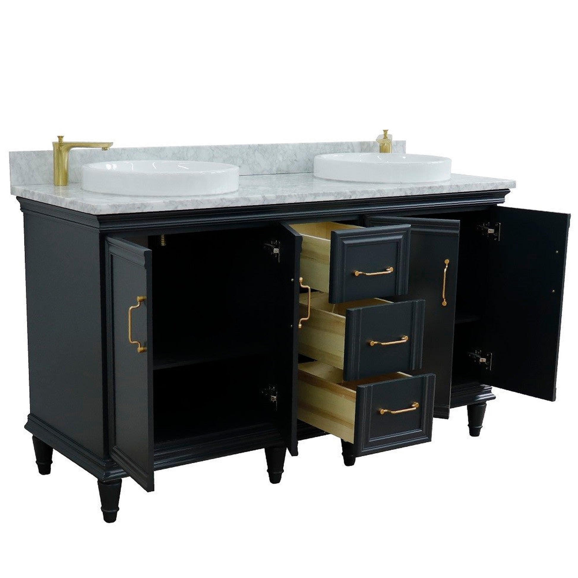 Bellaterra Home Forli 61" 4-Door 3-Drawer Dark Gray Freestanding Vanity Set With Ceramic Double Vessel Sink and White Carrara Marble Top