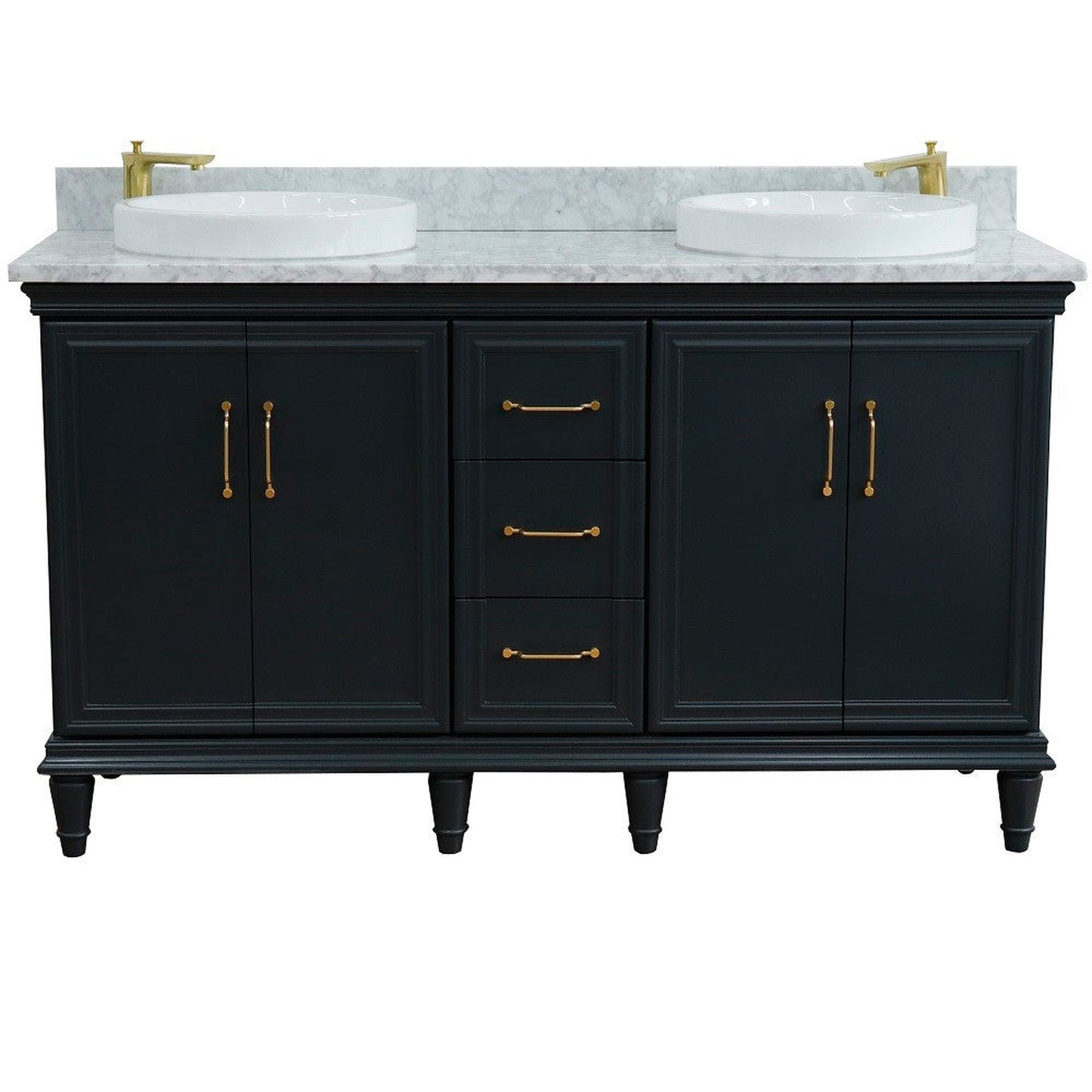 Bellaterra Home Forli 61" 4-Door 3-Drawer Dark Gray Freestanding Vanity Set With Ceramic Double Vessel Sink and White Carrara Marble Top