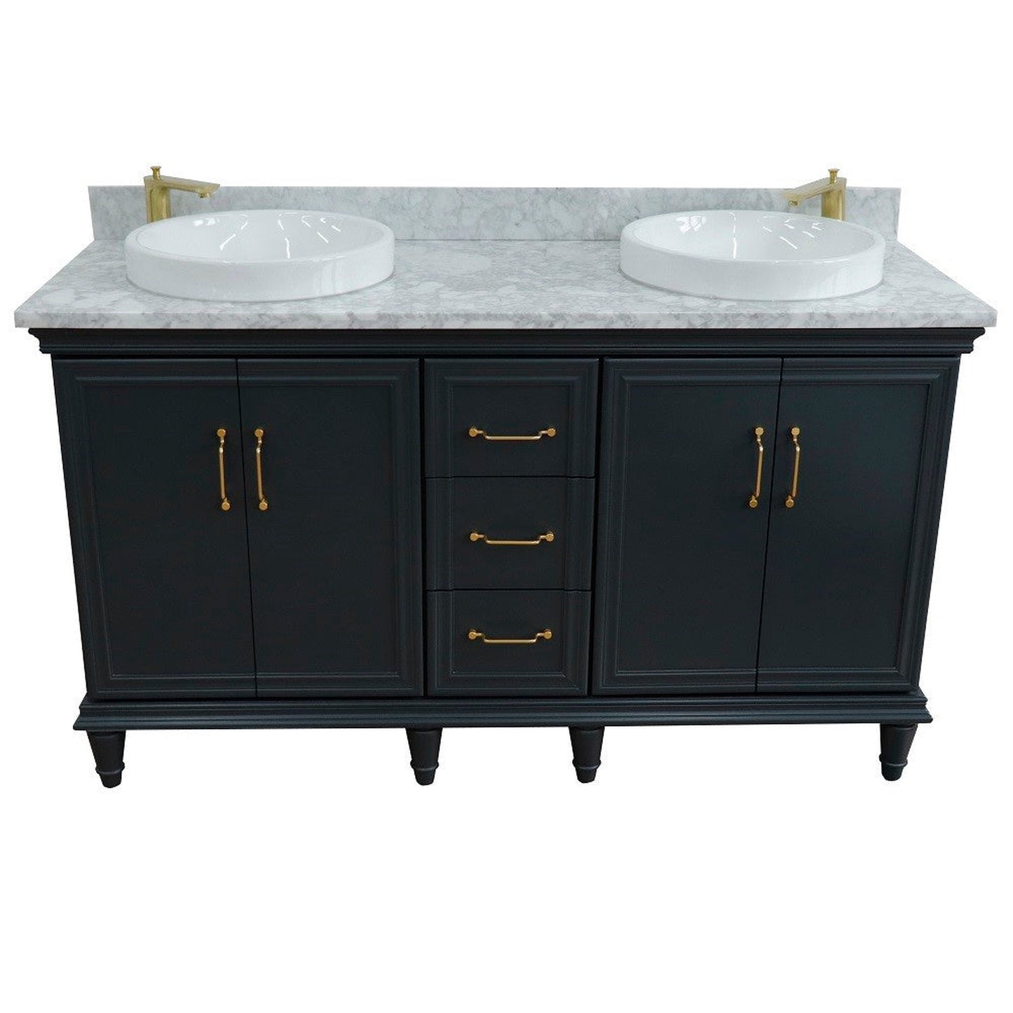 Bellaterra Home Forli 61" 4-Door 3-Drawer Dark Gray Freestanding Vanity Set With Ceramic Double Vessel Sink and White Carrara Marble Top