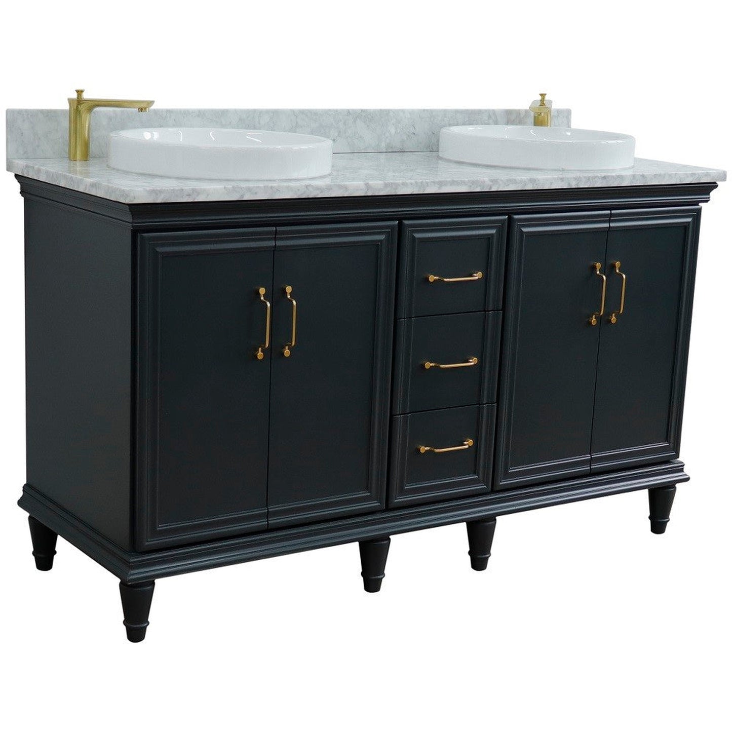 Bellaterra Home Forli 61" 4-Door 3-Drawer Dark Gray Freestanding Vanity Set With Ceramic Double Vessel Sink and White Carrara Marble Top