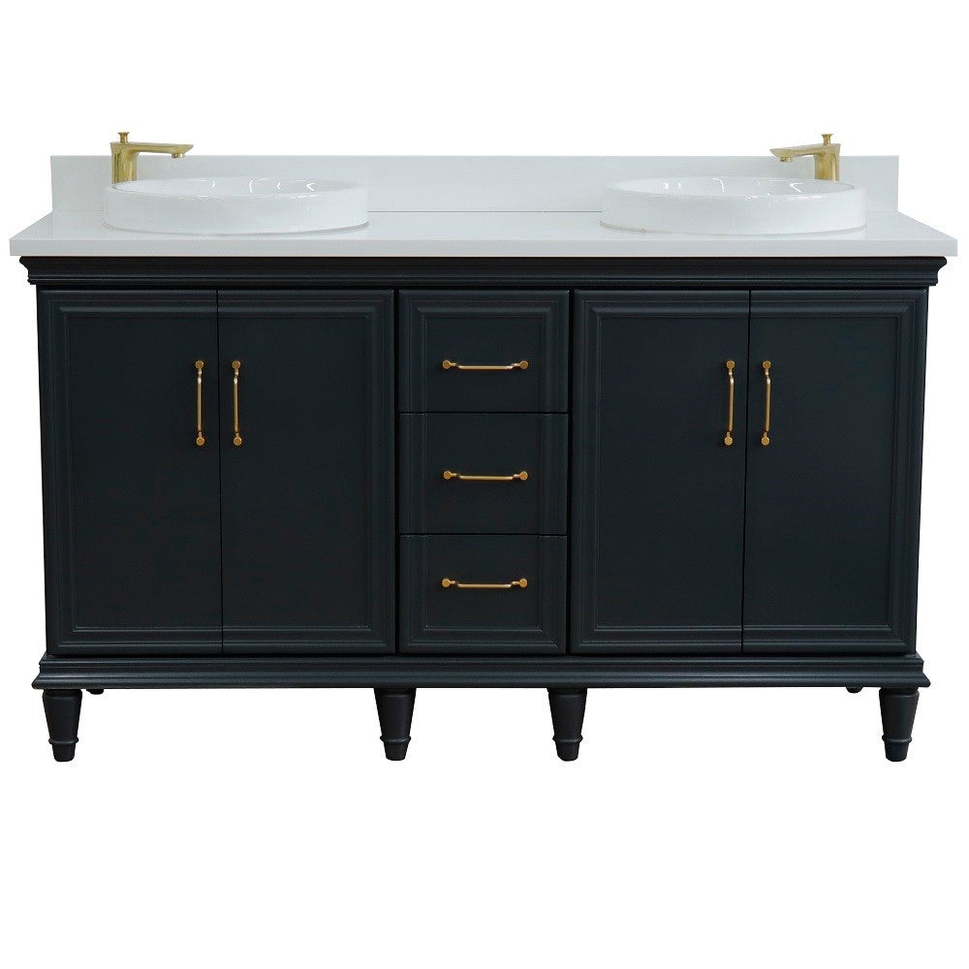 Bellaterra Home Forli 61" 4-Door 3-Drawer Dark Gray Freestanding Vanity Set With Ceramic Double Vessel Sink and White Quartz Top