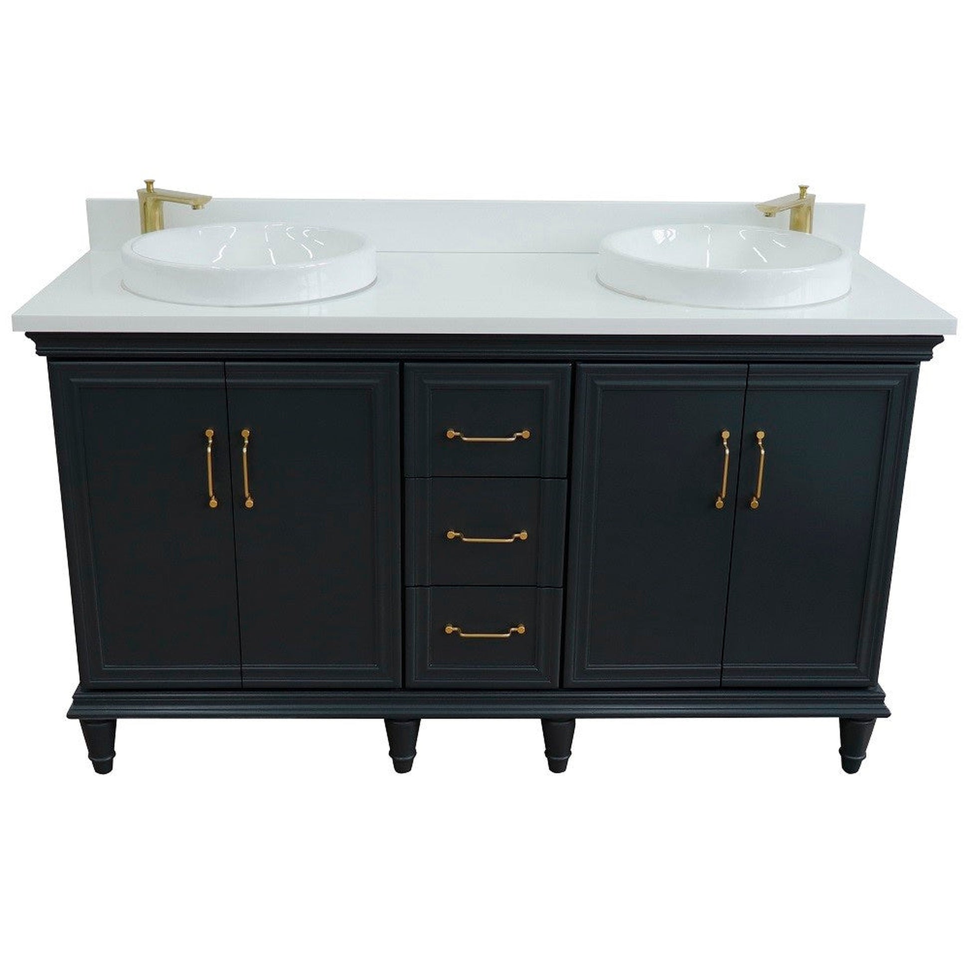 Bellaterra Home Forli 61" 4-Door 3-Drawer Dark Gray Freestanding Vanity Set With Ceramic Double Vessel Sink and White Quartz Top