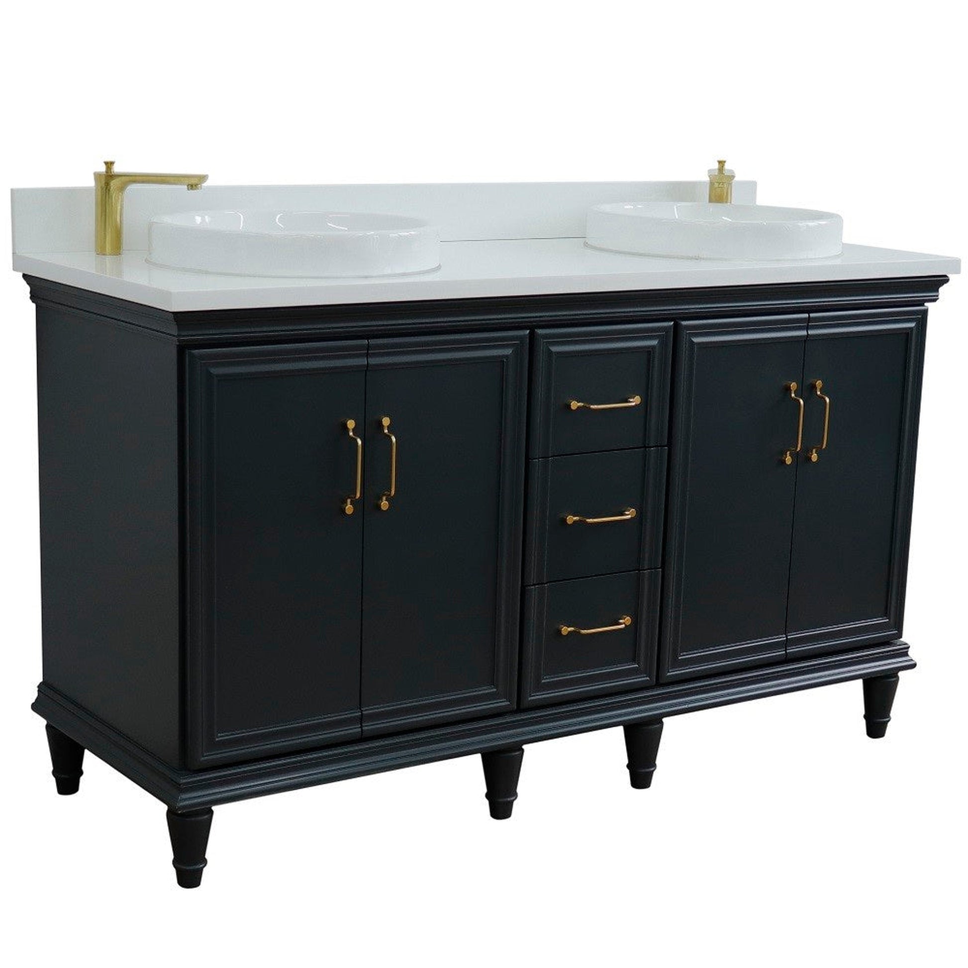 Bellaterra Home Forli 61" 4-Door 3-Drawer Dark Gray Freestanding Vanity Set With Ceramic Double Vessel Sink and White Quartz Top