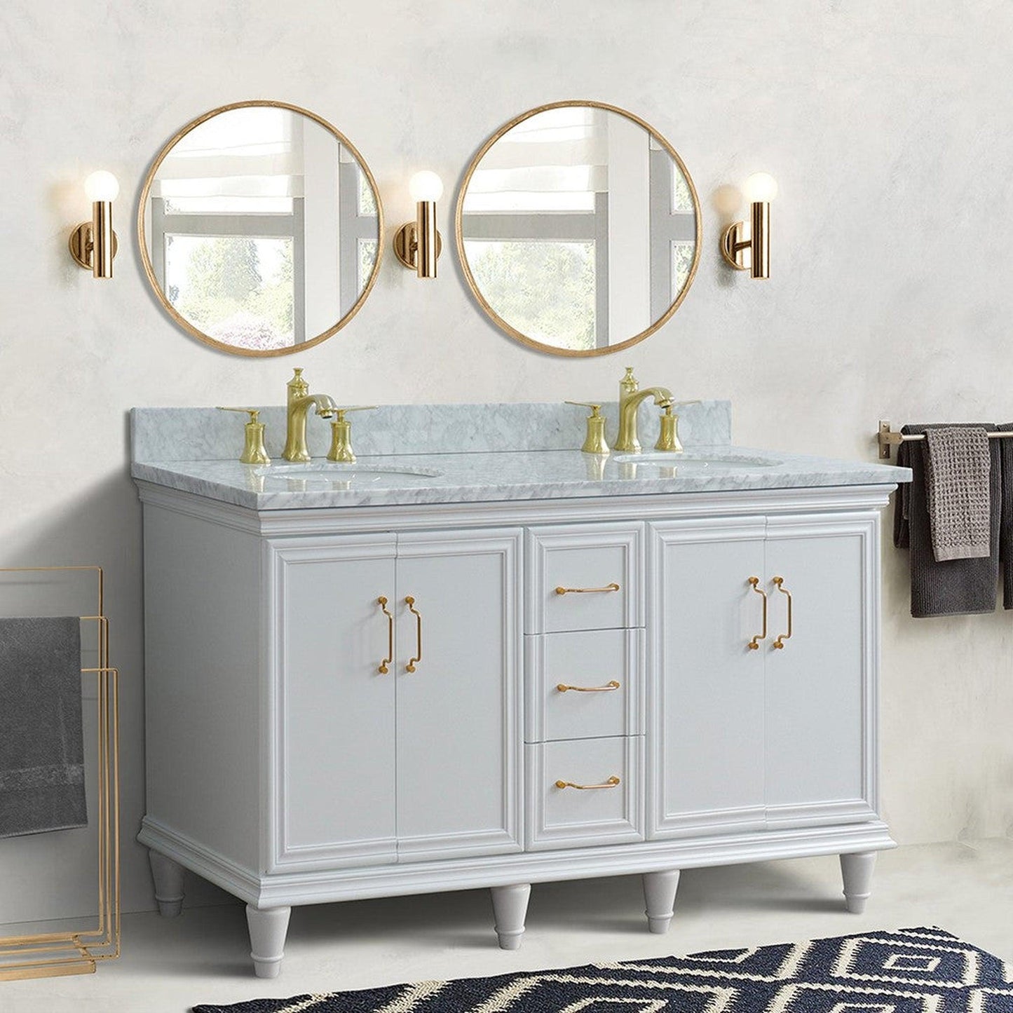Bellaterra Home Forli 61" 4-Door 3-Drawer White Freestanding Vanity Set With Ceramic Double Undermount Oval Sink and White Carrara Marble Top