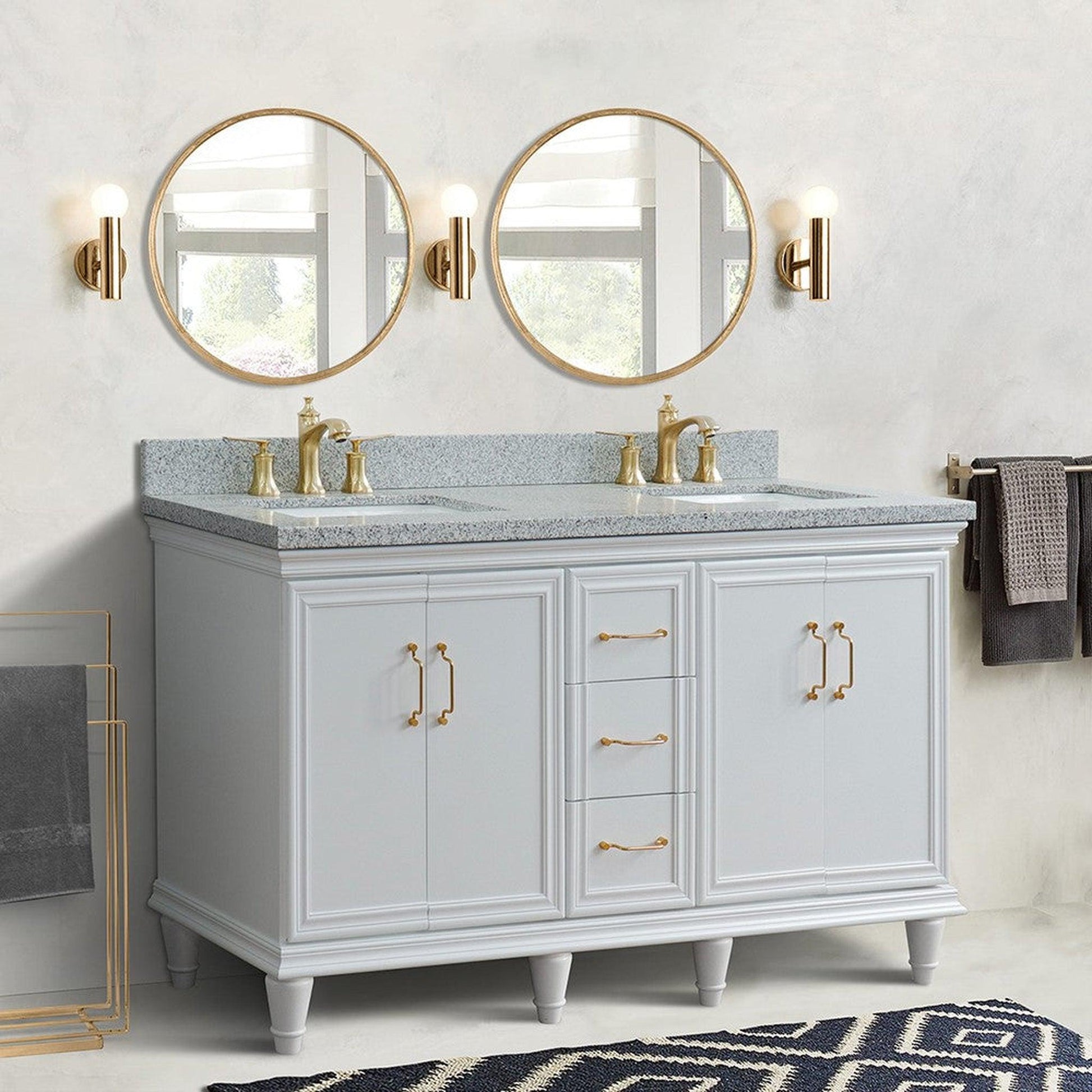 Bellaterra Home Forli 61" 4-Door 3-Drawer White Freestanding Vanity Set With Ceramic Double Undermount Rectangular Sink and Gray Granite Top