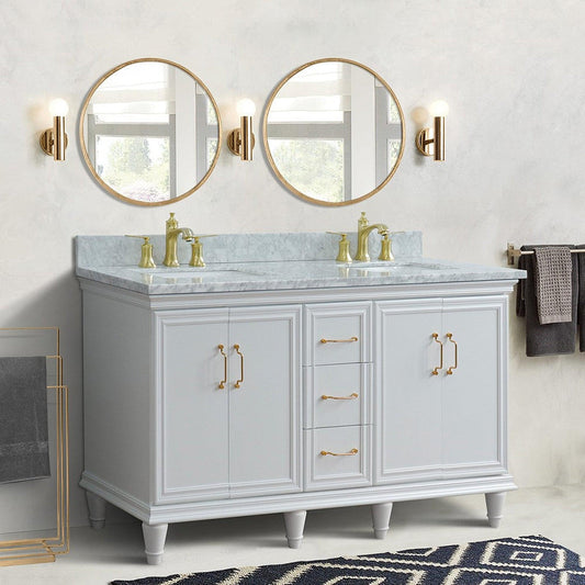 Bellaterra Home Forli 61" 4-Door 3-Drawer White Freestanding Vanity Set With Ceramic Double Undermount Rectangular Sink and White Carrara Marble Top