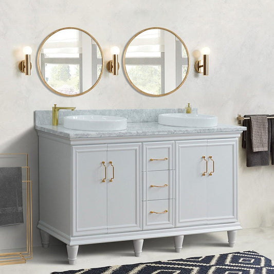 Bellaterra Home Forli 61" 4-Door 3-Drawer White Freestanding Vanity Set With Ceramic Double Vessel Sink and White Carrara Marble Top