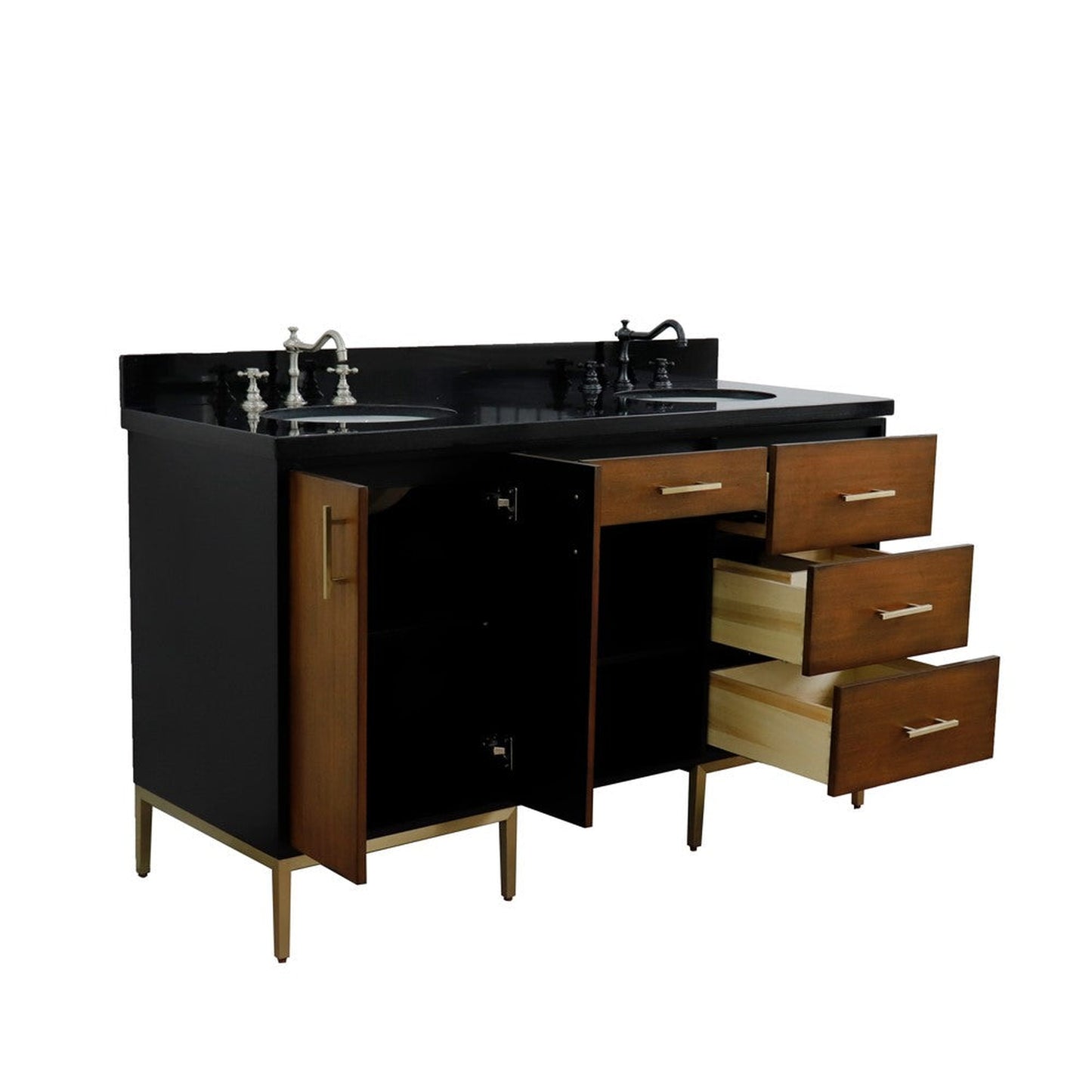 Bellaterra Home Imola 61" 2-Door 4-Drawer 2-Shelf Walnut and Black Freestanding Vanity Set With Ceramic Double Undermount Oval Sink and Black Galaxy Granite Top