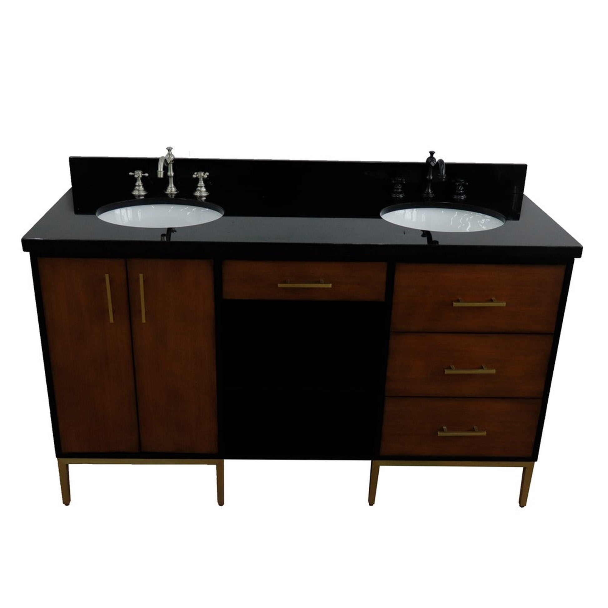 Bellaterra Home Imola 61" 2-Door 4-Drawer 2-Shelf Walnut and Black Freestanding Vanity Set With Ceramic Double Undermount Oval Sink and Black Galaxy Granite Top