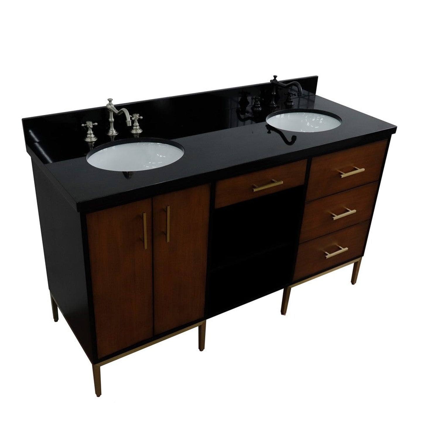 Bellaterra Home Imola 61" 2-Door 4-Drawer 2-Shelf Walnut and Black Freestanding Vanity Set With Ceramic Double Undermount Oval Sink and Black Galaxy Granite Top