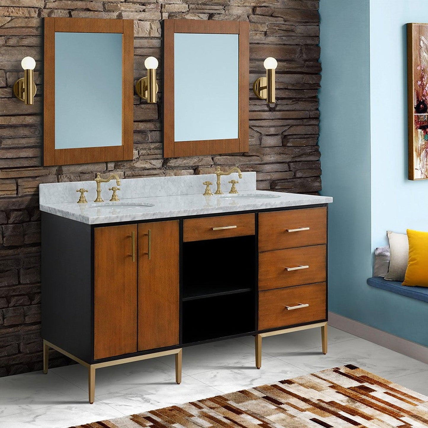 Bellaterra Home Imola 61" 2-Door 4-Drawer 2-Shelf Walnut and Black Freestanding Vanity Set With Ceramic Double Undermount Oval Sink and White Carrara Marble Top