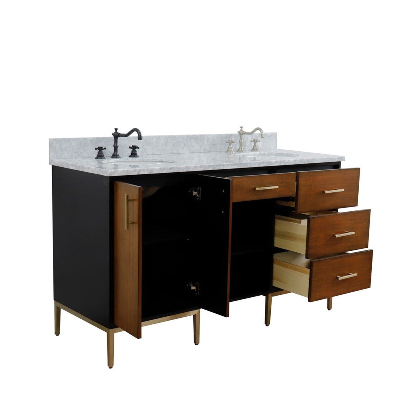 Bellaterra Home Imola 61" 2-Door 4-Drawer 2-Shelf Walnut and Black Freestanding Vanity Set With Ceramic Double Undermount Oval Sink and White Carrara Marble Top