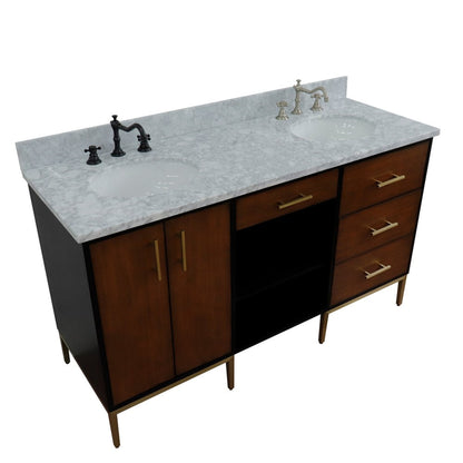 Bellaterra Home Imola 61" 2-Door 4-Drawer 2-Shelf Walnut and Black Freestanding Vanity Set With Ceramic Double Undermount Oval Sink and White Carrara Marble Top