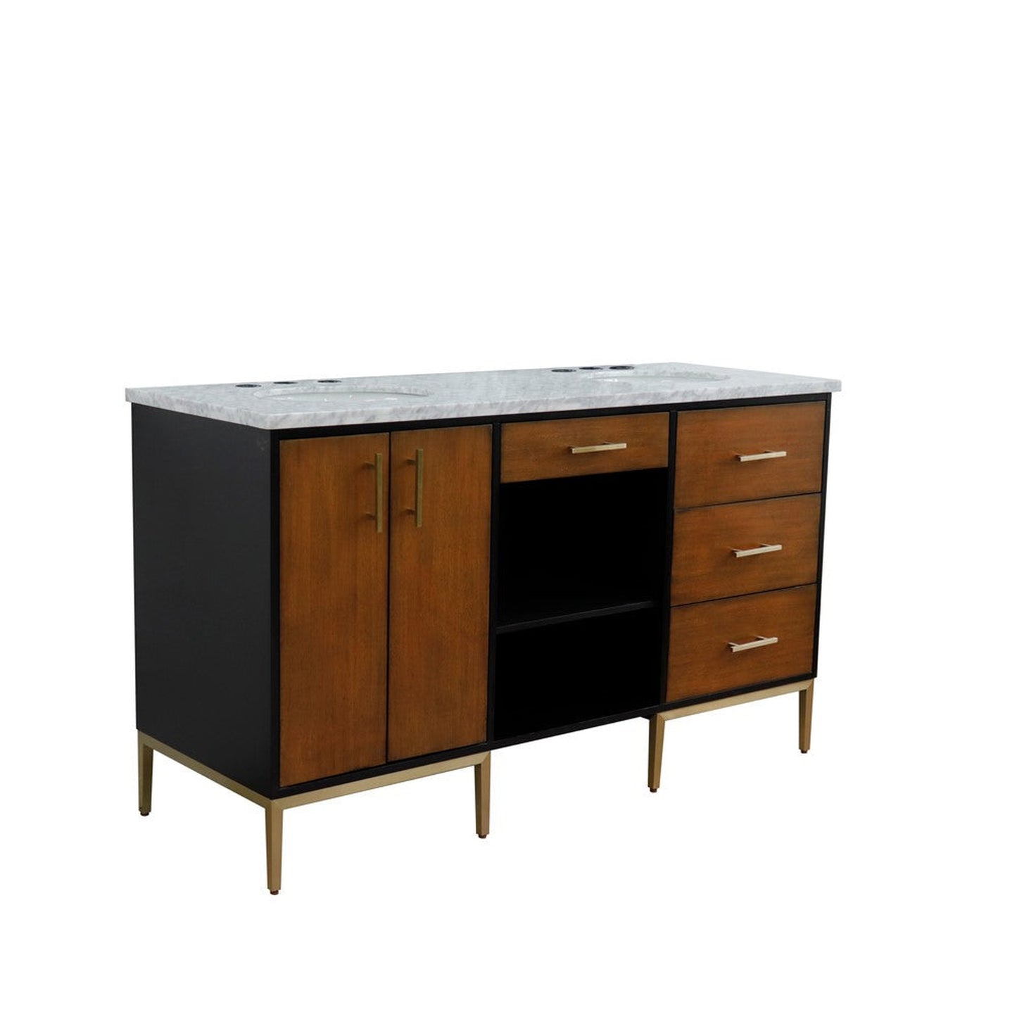 Bellaterra Home Imola 61" 2-Door 4-Drawer 2-Shelf Walnut and Black Freestanding Vanity Set With Ceramic Double Undermount Oval Sink and White Carrara Marble Top