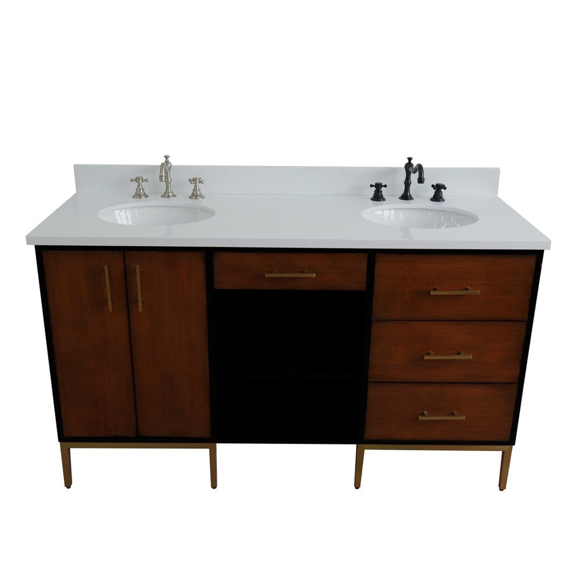 Bellaterra Home Imola 61" 2-Door 4-Drawer 2-Shelf Walnut and Black Freestanding Vanity Set With Ceramic Double Undermount Oval Sink and White Quartz Top