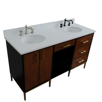 Bellaterra Home Imola 61" 2-Door 4-Drawer 2-Shelf Walnut and Black Freestanding Vanity Set With Ceramic Double Undermount Oval Sink and White Quartz Top