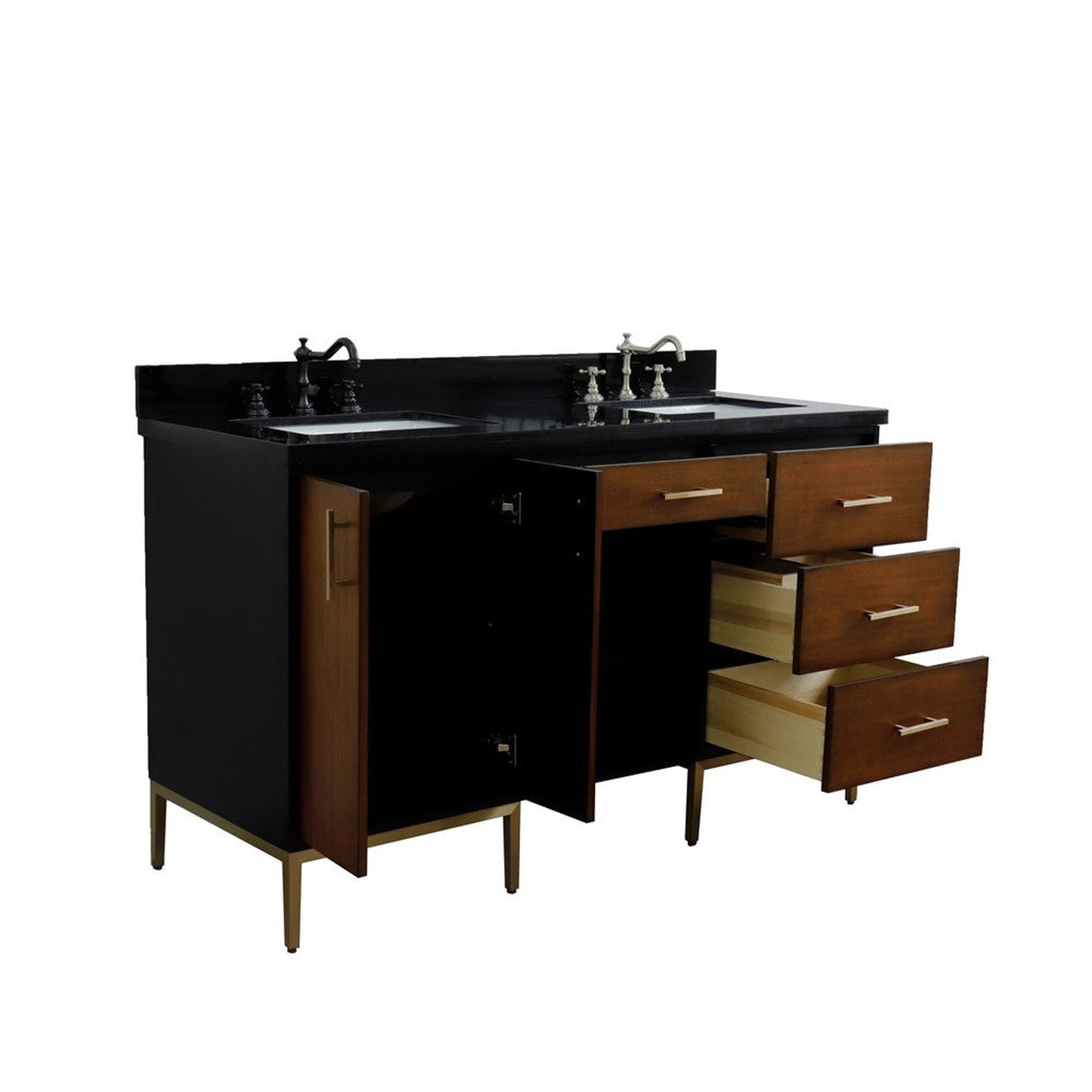 Bellaterra Home Imola 61" 2-Door 4-Drawer 2-Shelf Walnut and Black Freestanding Vanity Set With Ceramic Double Undermount Rectangular Sink and Black Galaxy Granite Top